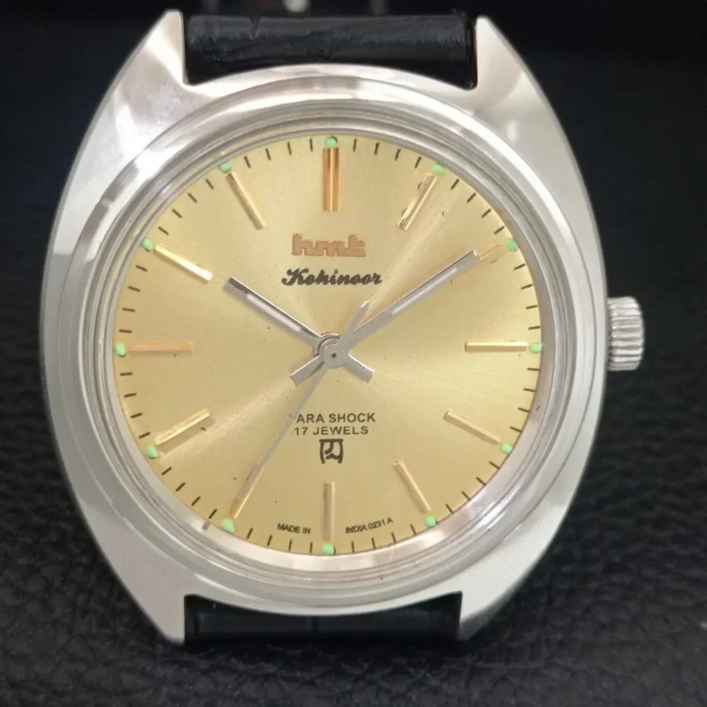 Vintage 1975 HMT Manual Wound Mens Silver Watch & Gold accents